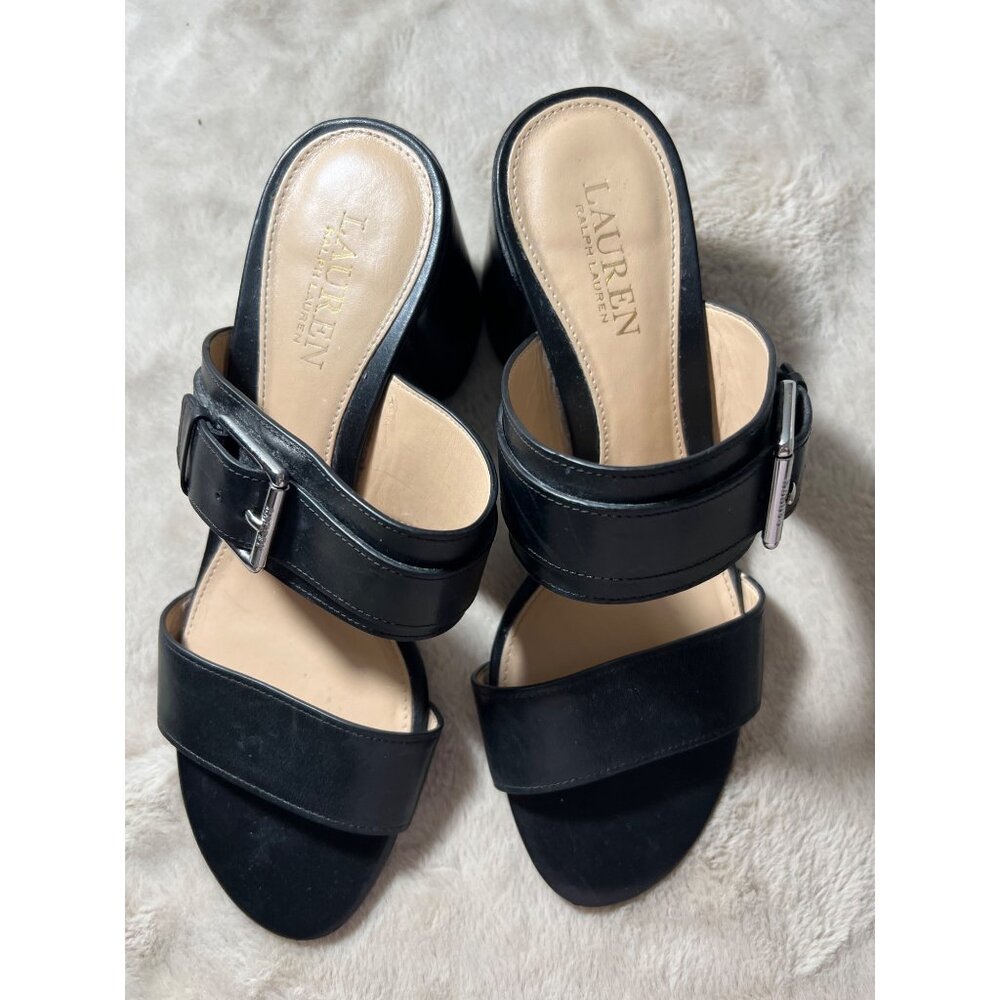 Lauren Ralph Lauren Black Leather Strappy Block Heel Sandals With Silver Buckle